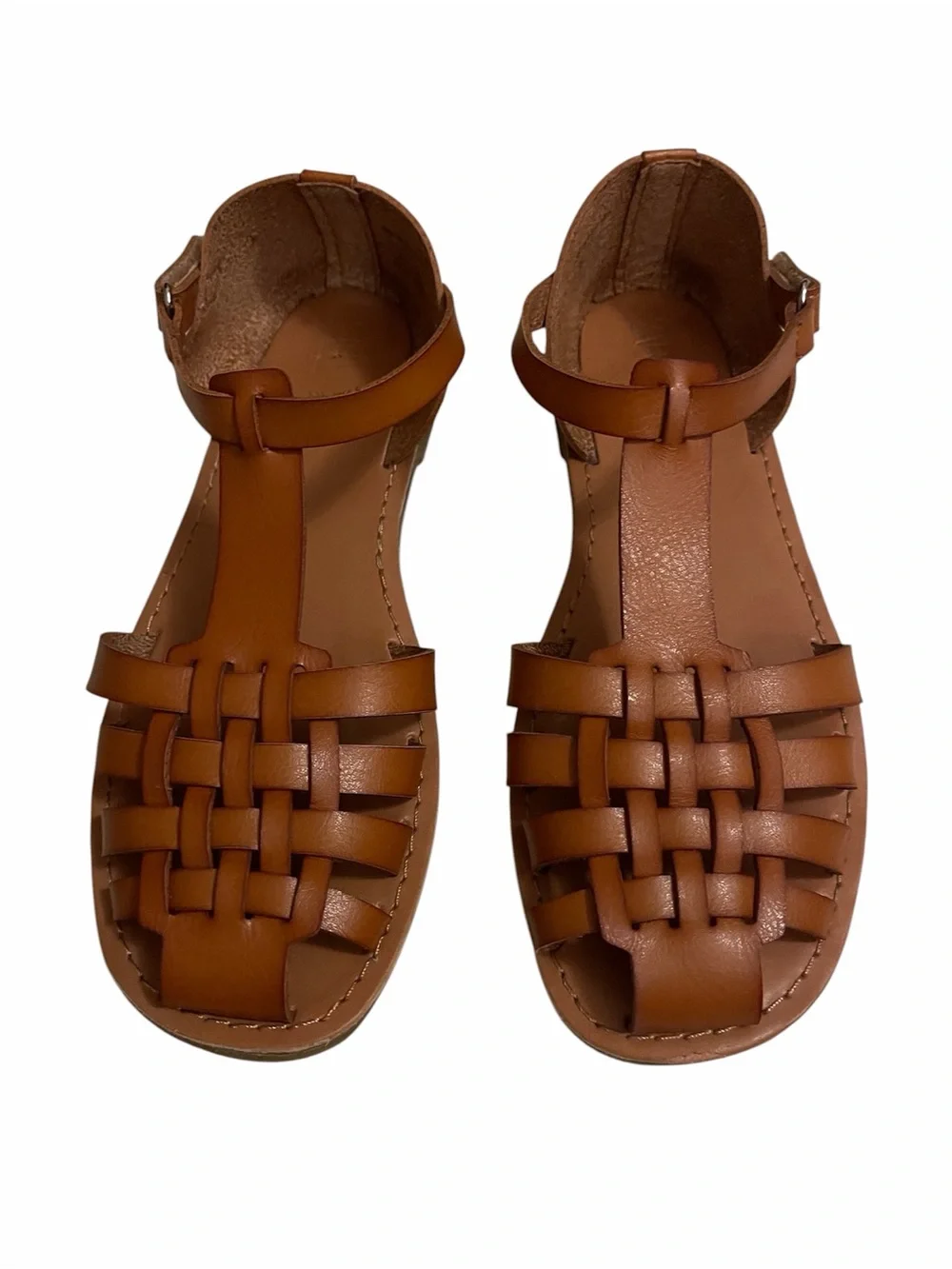Kids Tan Leather Woven Sandals